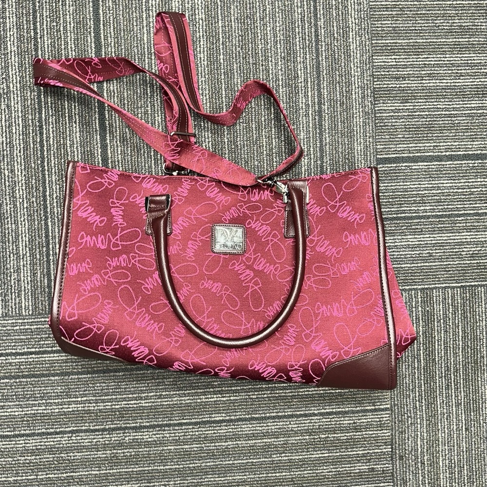 Diane Von Furstenberg DVF Logo Scribble Maroon Laptop Tote Handbag Purse 18"x12"
